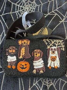 Beaded Black Halloween Dog-Embroidered Shoulder Bag